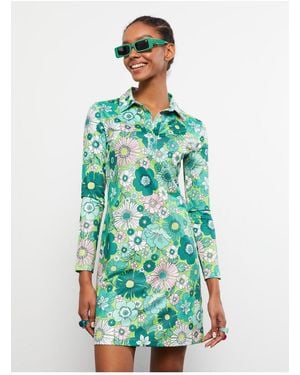 LC Waikiki Langärmliges Kleid Mit Blumenmuster Und Hemdkragen Für Damen - Grün