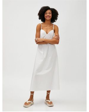 Koton Langes Kleid Aus Popeline, Träger, Bügel, Herzförmiger Ausschnitt, Baumwolle Für Damen - Weiß