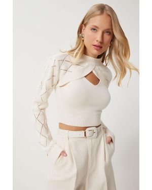 Happiness İstanbul Cremefarbenes Rollkragen-Crop-Strick-Tanktop-Set – Für Damen - Natur
