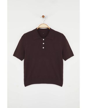 Trendyol Braune Polo-Ausschnitt-Premium-Garn-/Spezialgarn-Strickwaren-Slim-Bluse Für Damen - Rot