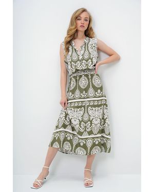 Trend Alaçatı Stili Grünes Gewebtes Sommerkleid Mit Richterkragen Und Knopfleiste Vorne Für Damen - Weiß