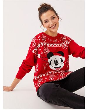 LC Waikiki Langärmliger Strickpullover Mit Rundhalsausschnitt Und Mickey-Mouse-Print Für Damen - Rot