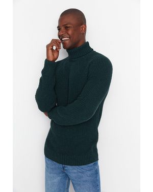 Trendyol Grüner Slim-Fit-Rollkragenpullover – Raglanärmel Für Herren - Blau