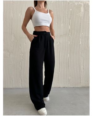 modazoom Schwarze Palazzo-Hose Mit Hoher Taille Und Falten Für Damen - Blau