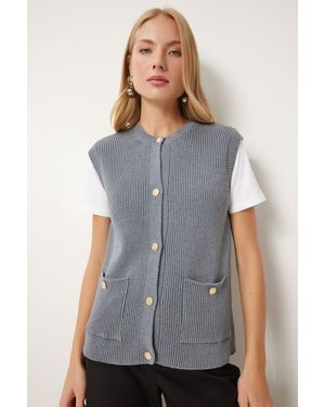 Happiness İstanbul Stilvolle Graue Strickweste Mit Knopfleiste Und Taschen Für Damen