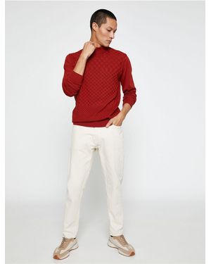 Koton Basic-Strickpullover, Halber Rollkragenpullover, Lange Ärmel, Geometrisch Gemustert Für Herren - Rot