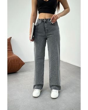 BİKELİFE Geräucherte Mini-Jeans Mit Hoher Taille Und Geradem Schnitt Aus Lycra Mit Rautenmuster Für Damen - Schwarz