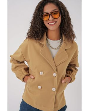 Bigdart Senfgelbe Crop-Jacke Modell 9117 – Zweireihiger Kragen Für Damen - Braun