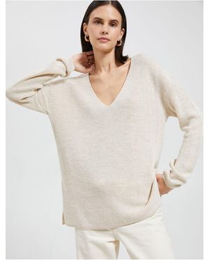 Koton Pullover Mit V-Ausschnitt, Oversize-Langarm, Kaschmir-Struktur Für Damen - Weiß