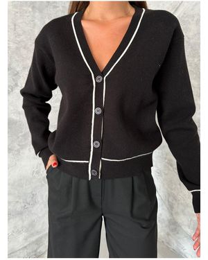 Laluvia Schwarzer, Kontrastierender, Gestreifter, Geknöpfter Cardigan-4433 Für Damen