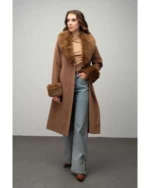 Olcay Zweireihiger Mantel Abnehmbarer Pelz Und Mittlere Länge, Taba Für Damen - Braun