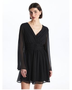 LC Waikiki Zweireihiges, Einfarbiges, Langärmliges Chiffon-Kleid Für Damen - Schwarz
