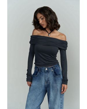 MAİ COLLECTİON Langärmlige, Anthrazitfarbene Alonzo-Bluse Mit Carmen-Ausschnitt Für Damen - Blau