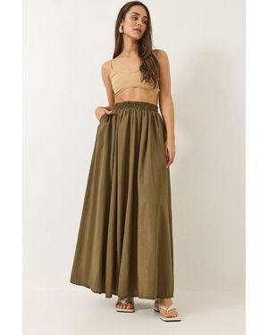 Bianco Lucci Taschenrock Aus Modal Mit Elastischer Taille Und Detailliertem, Langem, Ausgestelltem Rock 5002 Für Damen - Natur