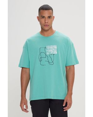 AC&Co / Altınyıldız Classics Mintfarbenes, Locker Geschnittenes, Bedrucktes T-Shirt Aus 100 Baumwolle Mit Rundhalsausschnitt Für Herren - Grün