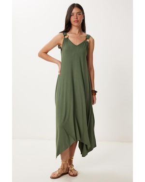 Happiness İstanbul Ring Detaillierte Sommer Viskose Strickkleid Für Damen - Grün