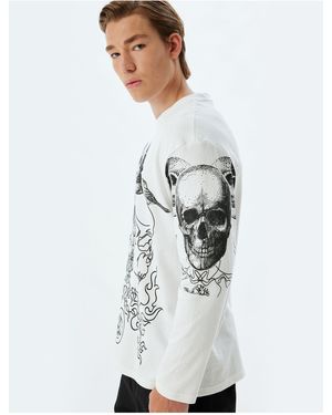 Koton Baumwoll-Totenkopf-Aufdruck Langärmliger, Lockerer Pullover Für Herren - Weiß