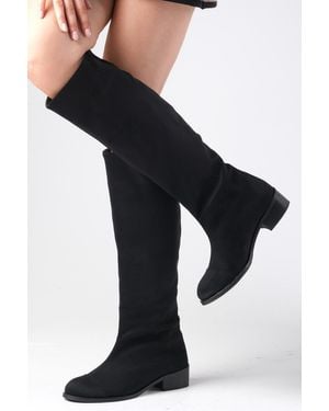 Mio Gusto Parley – Schwarzes Wildleder – Reißverschlusslose Reitstiefel Mit Flachem Absatz Für Damen - Blau