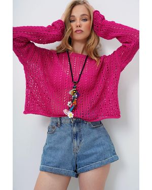 Trend Alaçatı Stili Sommerbluse Aus Durchbrochenem Strick - Pink