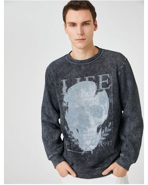 Koton Sweatshirt Mit Totenkopf-Print Und Geripptem Rundhalsausschnitt Für Herren - Grau