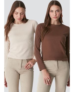 C&City 2Er-Pack Langarm-Basic-T-Shirts Mit Rundhalsausschnitt 955/Braun Für Damen