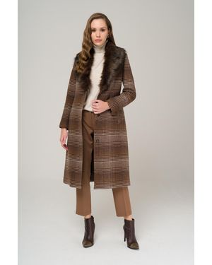 Olcay Mittellanger, Karierter Mantel Mit Abnehmbarem Pelzkragen Und Gebundener Taille, Für Damen - Braun