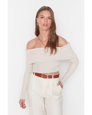 Trendyol Stone Super Crop Strickpullover Mit Carmen-Kragen Für Damen - Weiß