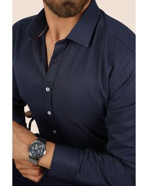 Etikmen Marineblaues Slimfit-Hemd Mit Baklava-Muster