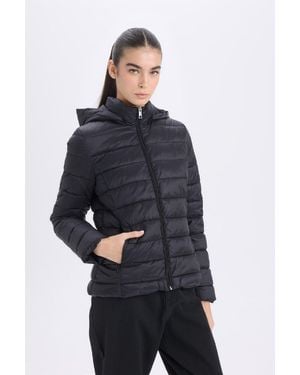 Defacto Leichter, Wasserabweisender Puffermantel Mit Kapuze – Mit Reißverschluss Und Taschen Für Damen - Blau