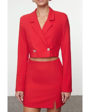 Trendyol Rote Crop-Webjacke Mit Steinknöpfen – Für Damen