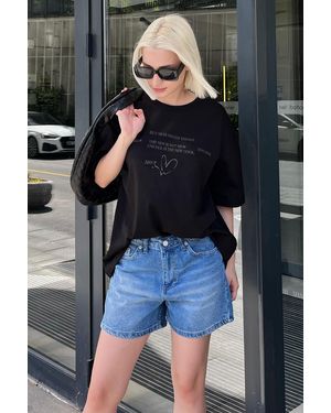 Madmext Übergroßes Schwarzes T-Shirt Mit Rundhalsausschnitt Und Herz-Aufdruck - Blau