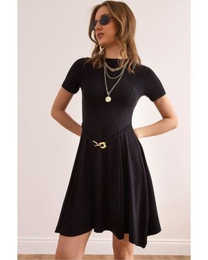 Olalook Schwarzes, Selbstgürtelndes, Weiches, Strukturiertes Glockenkleid Elb- 19002368 Für Damen