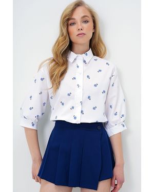 Trend Alaçatı Stili Gemustertes Popeline-Hemd Mit Ballonärmeln Für Damen - Weiß