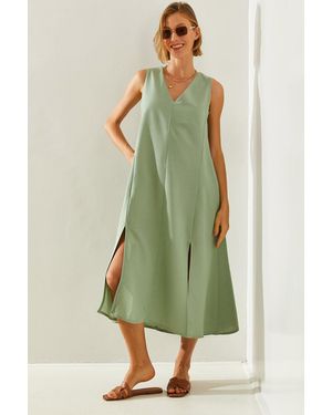 Bianco Lucci V-Ausschnitt Schlitz Leinen Fr033 Basic Kleid Mit Taschen, Für Damen - Grün