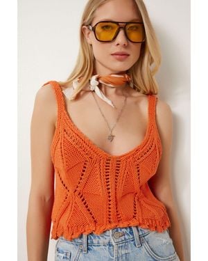 Happiness İstanbul Openwork Sommer Stretchy Crop Trikot Bluse Für Damen - Orange