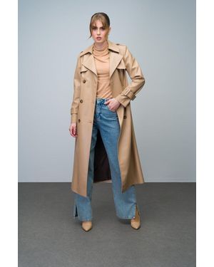 Olcay Kamel Zweireihiger Trenchcoat Aus Leder Mit Umhang Und Schulterklappendetail Für Damen - Grau