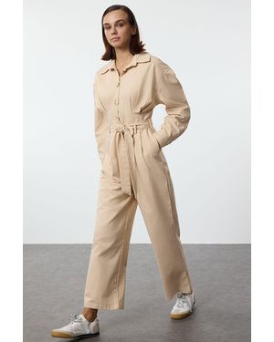 Trendyol Kamelfarbener, Langer Jumpsuit Mit Gürtel Hemdkragen, Taillendetails Twoaw25Tu00012 Für Damen - Natur