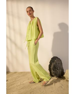 Trendyol Hellgrüne, Elastische Hose Mit Weitem Bein Aus 100 Leinen Mit Hoher Taille Für Damen - Gelb