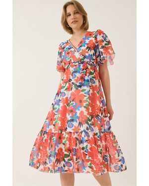 Bianco Lucci Chiffonkleid Mit Zweireihigem Ausschnitt, Elastischer Taille Und Gürtel, Gefüttert Und Gemustert Für Damen - Rot