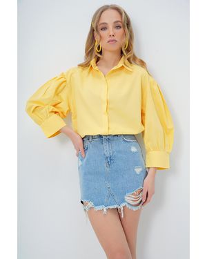 Trend Alaçatı Stili Gelbes Basic-Popeline-Hemd Mit Ballonärmeln Und Versteckter Knopfleiste Für Damen