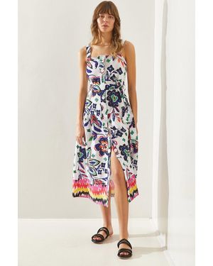 Bianco Lucci Gemustertes Kleid Mit Dicken Trägern Und Beweglichem Gürtel Buttoned Für Damen - Weiß
