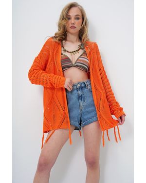 Trend Alaçatı Stili Orangefarbener Rock Mit Schmetterlingsmotiv Ethno-Häkelstrickjacke Mit Quasten Für Damen