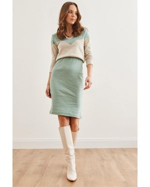Olalook Mintfarbenes, Dehnbares Kleid Mit V-Ausschnitt Und Farbblock Elb- 19002306 Für Damen - Grün