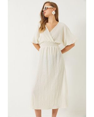 Bianco Lucci Midikleid Mit Zweireihigem Kragen Und Elastischen Ärmeln Und Detailliertem Detail Für Damen - Natur