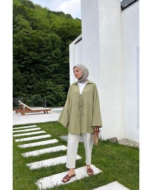 My Blog Khakifarbene Kimono-Bluse Aus 100 Baumwollleinen Mit Spitzendetail Für Damen - Grün