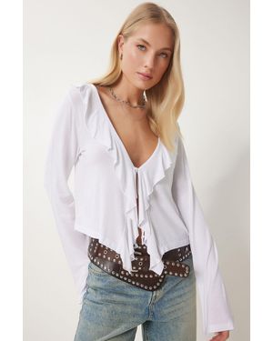 Happiness İstanbul Weiße Saisonale Strickbluse Mit Rüschen Für Damen