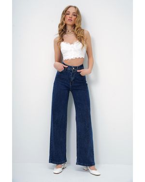 Trend Alaçatı Stili Dunkelblaue Palazzo-Jeanshose Mit Hoher Taille Und Weitem Bein Für Damen