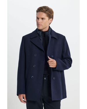 ALTINYILDIZ CLASSICS Marineblauer Wollmantel Mit Muster Und Abnehmbarem Kragen