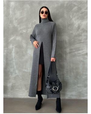 ZF BUTİK Premium-Strickkleid – Vorderschlitz-Detail Für Damen - Grau