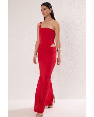 Trendyol Rotes, Figurbetontes, Detailliertes, Gestricktes, Langes, Stilvolles Abendkleid, Nachtkleid, Für Damen